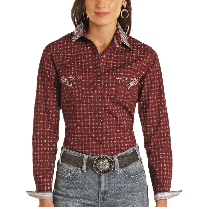 Panhandle Rough Stock Ladies Aztec Geometric Print Snap Shirt R4S3258-- Solid Print Embellished