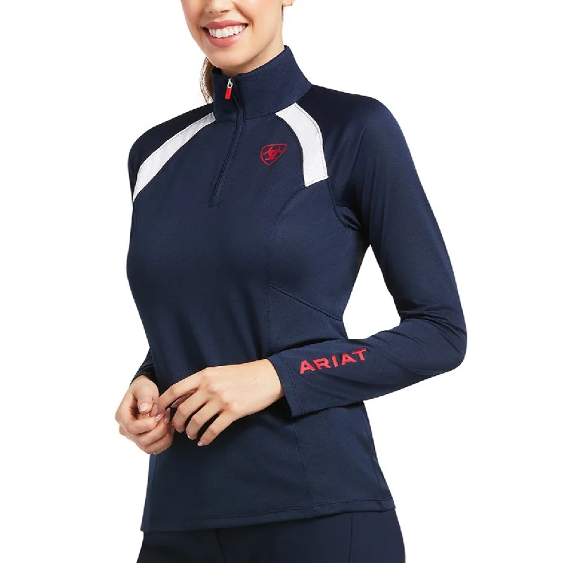 Ariat® Ladies Sunstopper 2.0 1/4 Zip Navy Baselayer Shirt 10039184-- Graphic Embroidered Appliqued Ariat® Ladies Sunstopper 2.0 1/4 Zip Navy Baselayer Shirt 10039184-- Graphic Embroidered Appliqued