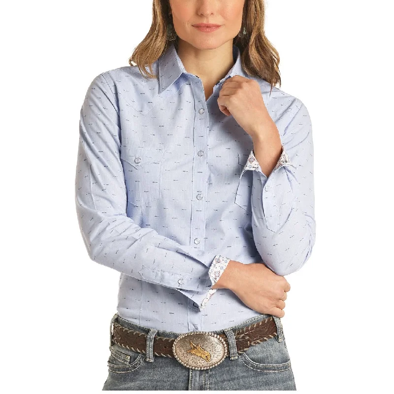 Panhandle Rough Stock Ladies Micro Stripe Print Blue Snap Shirt R4S3264-- Thin T-Shirt Open Front Quick Dry