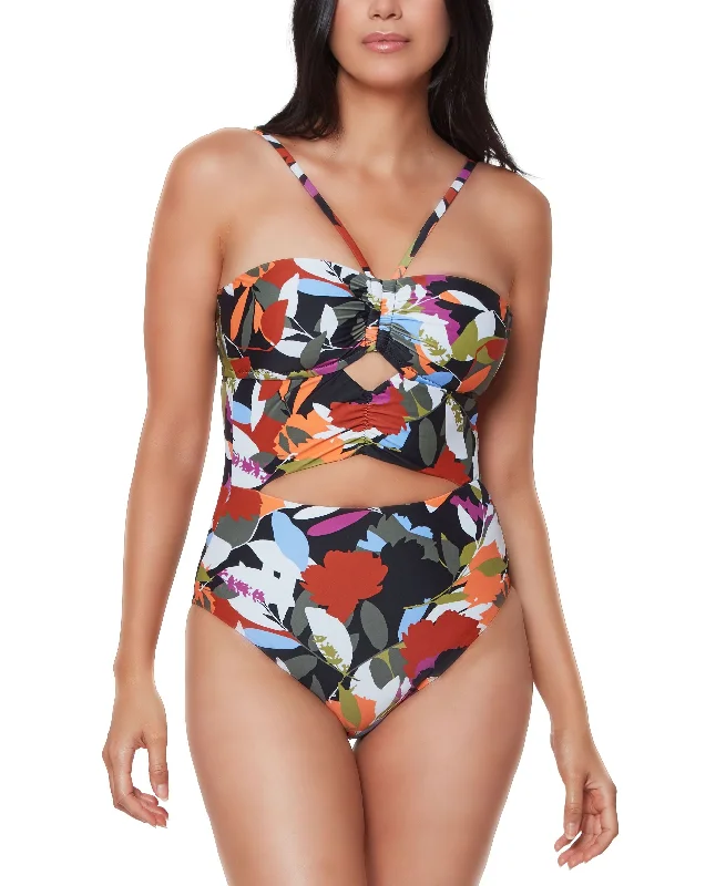 Printed Bandeau Cutout One-Piece Swimsuit High-Waisted Swim Bottoms