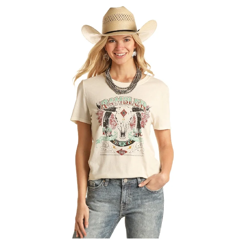 Rock & Roll Cowgirl Ladies Rambler Bull Skull Graphic Print T-Shirt 49T3232-- Terry Blend Velvet Blend Canvas Blend Rock & Roll Cowgirl Ladies Rambler Bull Skull Graphic Print T-Shirt 49T3232-- Terry Blend Velvet Blend Canvas Blend
