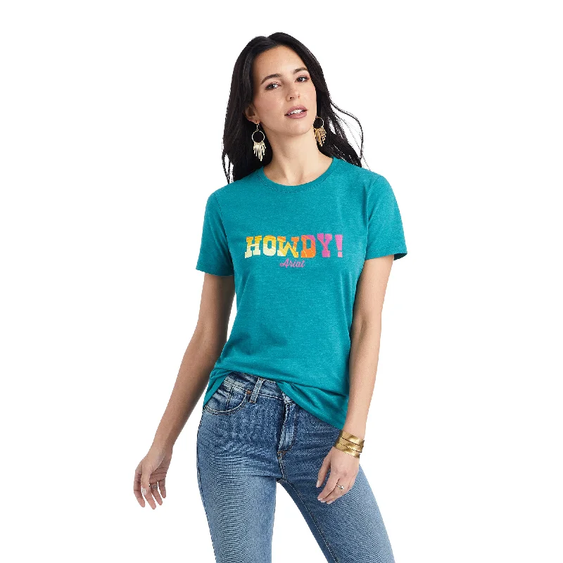 Ariat® Ladies Howdy Graphic Teal Green Heather T-shirt 10042726-- Spandex Blend Rayon Blend Denim Blend Ariat® Ladies Howdy Graphic Teal Green Heather T-shirt 10042726-- Spandex Blend Rayon Blend Denim Blend