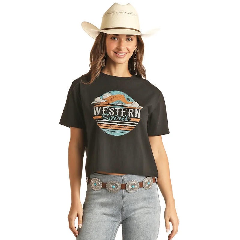 Rock & Roll® Ladies Western Graphic Boxy Black T-Shirt RRWT21RZO7-- Print Jacquard Patchwork Rock & Roll® Ladies Western Graphic Boxy Black T-Shirt RRWT21RZO7-- Print Jacquard Patchwork