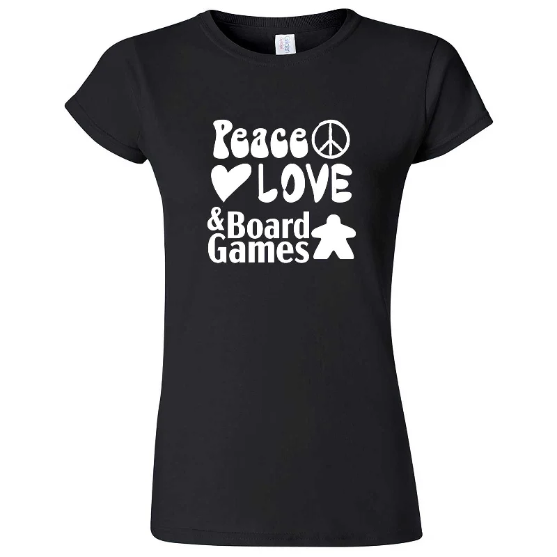 "Peace, Love, and Board Games" women's t-shirt-- Zippered Front Buttoned Front Snap Front "Peace, Love, and Board Games" women's t-shirt-- Zippered Front Buttoned Front Snap Front
