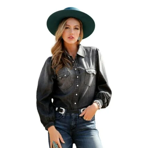 Cruel Girl® Ladies Chambray Western Black Button Down Shirt CTW7383001-- Rayon Velvet Corduroy Cruel Girl® Ladies Chambray Western Black Button Down Shirt CTW7383001-- Rayon Velvet Corduroy