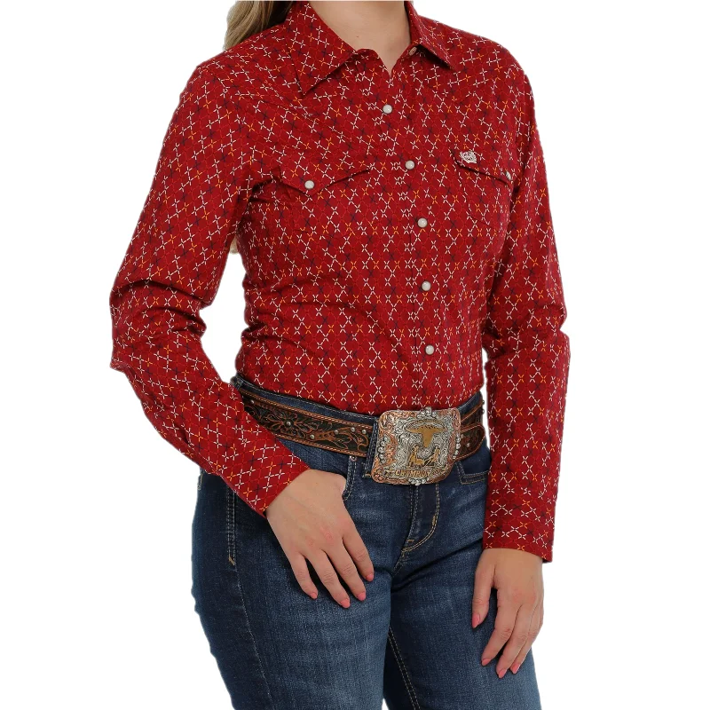 Cinch® Ladies Criss Cross Red Button Down Shirt MSW9201036-- Wool Fabric Cashmere Fabric Tweed Fabric