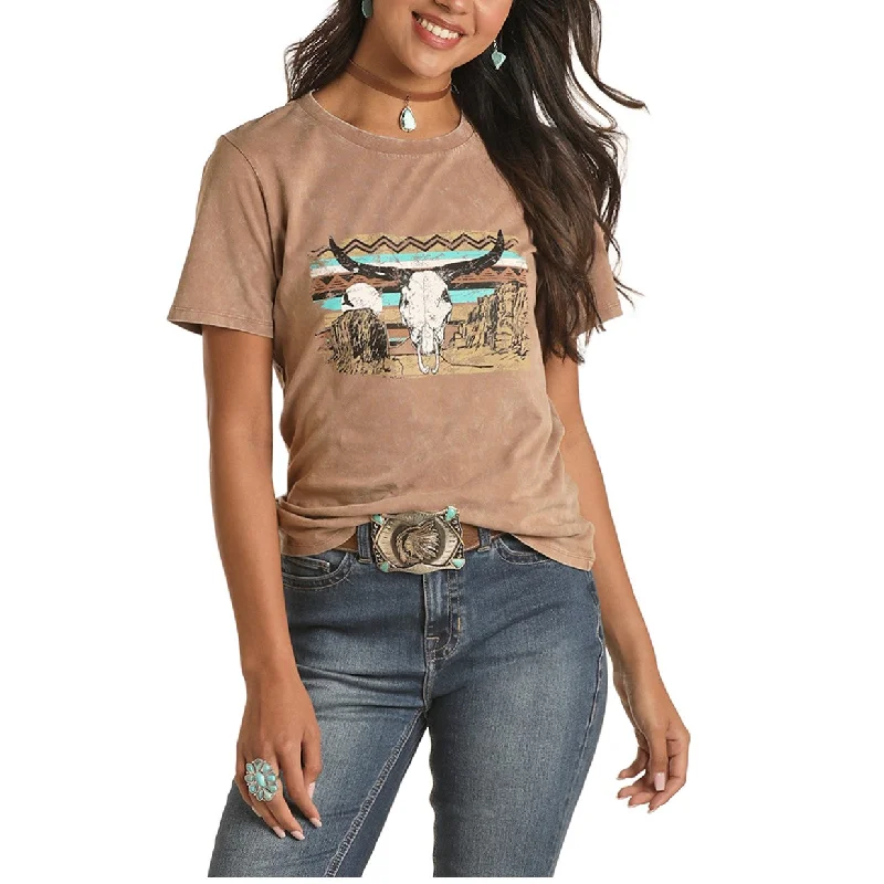 Rock & Roll Cowgirl Ladies Taupe Steer Skull Graphic T-Shirt 49T1176-26-- Collared Crew Neck Turtle Neck