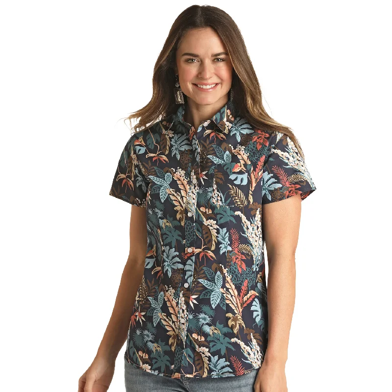 Panhandle Rough Stock® Ladies Navy Floral Short Sleeve Button Up Shirt RSWS1DRZDI-- Front Pockets Side Pockets Patch Pockets