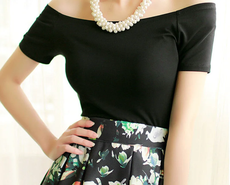Summer Fashion Sexy Off The Shoulder Tops For Women Casual Short Sleeve Cotton T-shirts Black White Red Gray Blue Color-- Asymmetrical Pockets Print Summer Fashion Sexy Off The Shoulder Tops For Women Casual Short Sleeve Cotton T-shirts Black White Red Gray Blue Color-- Asymmetrical Pockets Print