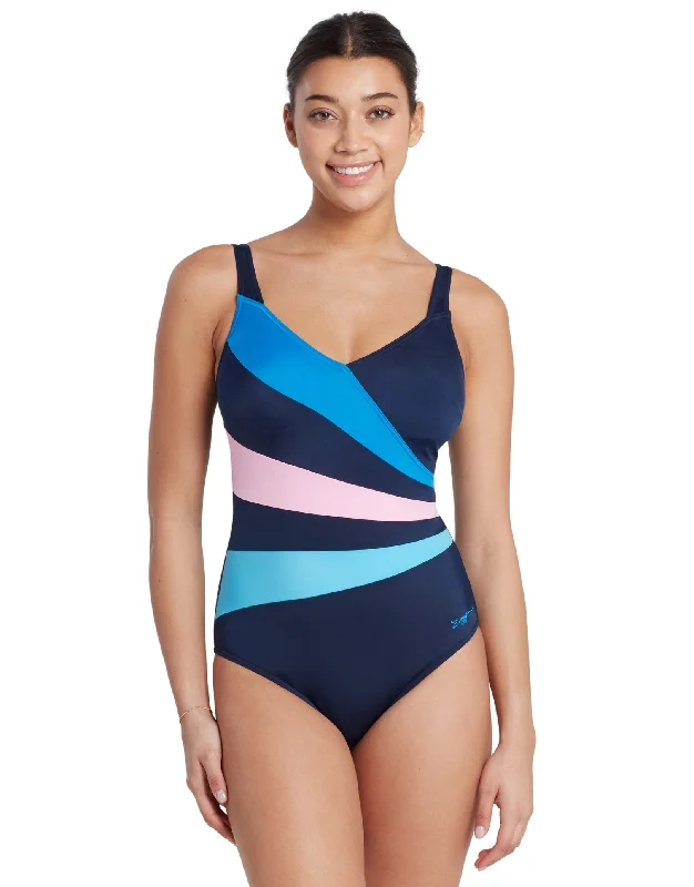 Zoggs Wrap Panel Classicback Swimsuit - Navy/Blue/Pink Swimsuit with Skirt