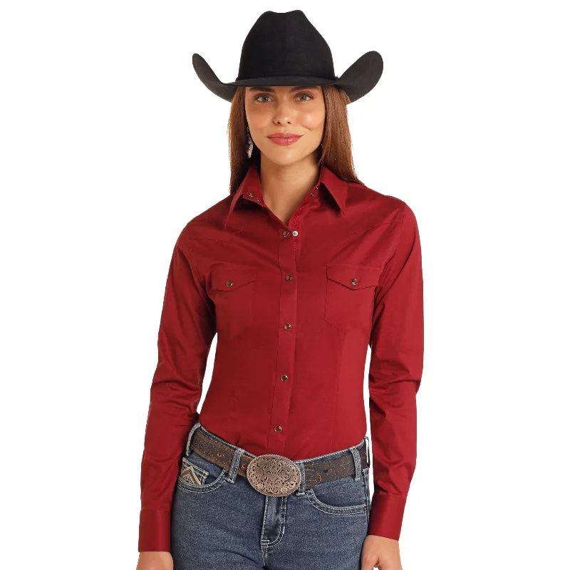 Panhandle Ladies Solid Poplin Maroon Button Down Shirt PWN2S05431-60-- Lace Blend Ribbed Blend Corduroy Blend