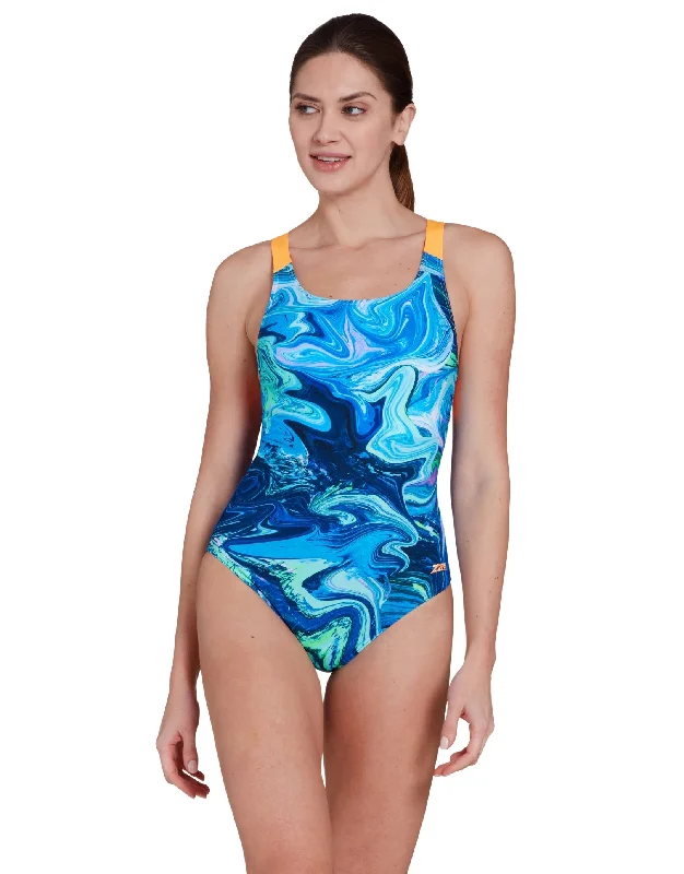 Zoggs Spatial Speedback Swimsuit - Blue/Orange High-Waisted Swimwear