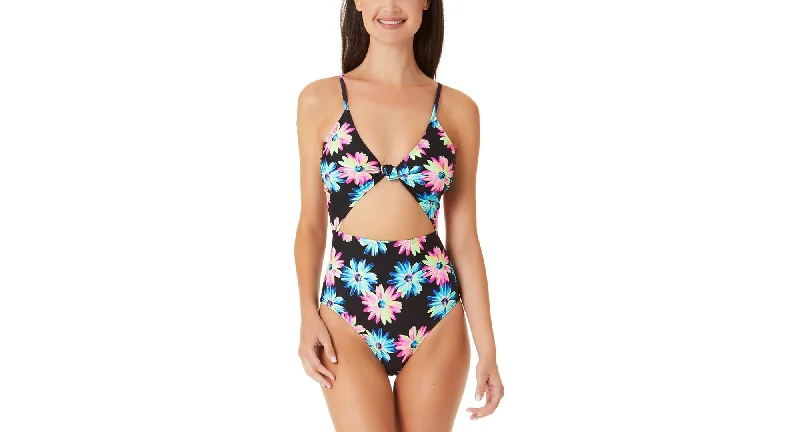 Juniors' Gerber Daisy Knotted Cutout One-Piece Swimsuit Shiny One-Piece Swimsuit