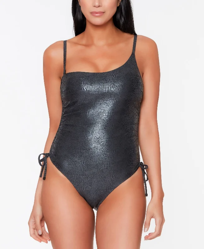 Faux Snakeskin One-Shoulder One-Piece Swimsuit Floral Bikini Top