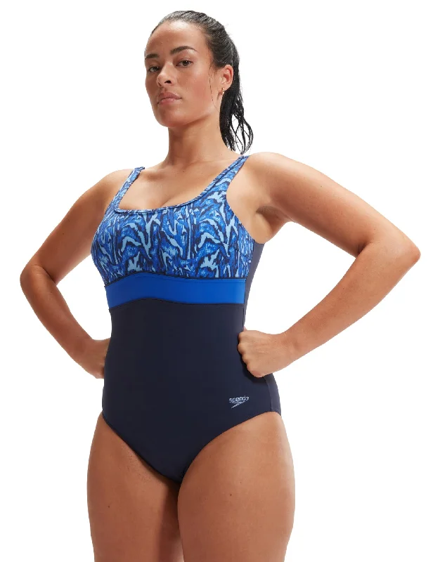 Speedo Shaping Contour Eclipse Printed Swimsuit - Navy/Blue Elegant Ruffled Bikini