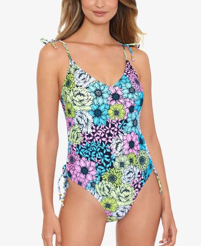 Juniors' Blossomed Side-Shirred One-Piece Swimsuit With Shoulder Ties Tropical Print One-Piece