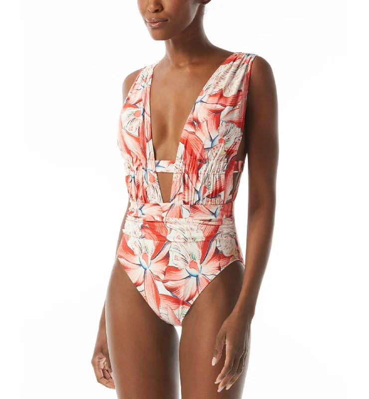Women's Printed Plunge-Neck Ruched One-Piece Swimsuit Plunge Neckline Swimsuit