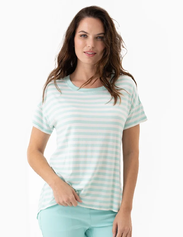 Renuar Striped T-shirt w/ Back Detail R7713-56S-SPACOM Spa Combo-- Collared T-Shirt Boat Neck A-Line