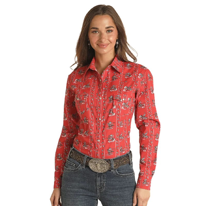 Panhandle Red Label® Ladies Red Bucking Horse Snap Up Shirt RLWSOSR0N2-- Ribbed Striped Patterned
