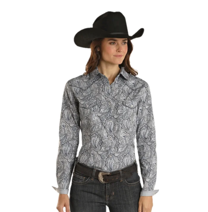 Panhandle Rough Stock Ladies Geometric Print Blue Snap Shirt RWN2S02200-45-- Chenille Blend Fleece Blend Nylon Blend