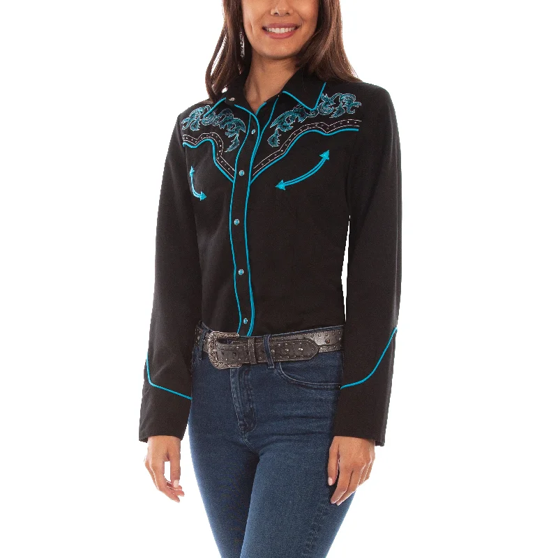 Scully® Ladies Turquoise Boot Stitch Button Down Shirt PL-889-BLK-- Anti-Pilling Machine Wash Handmade Scully® Ladies Turquoise Boot Stitch Button Down Shirt PL-889-BLK-- Anti-Pilling Machine Wash Handmade