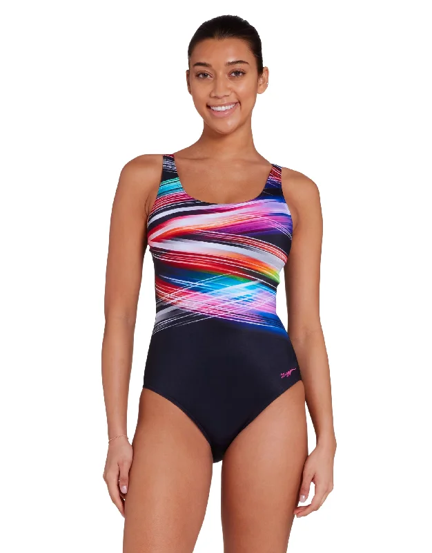 Zoggs Prism Geo Adjustable Scoopback Swimsuit - Black/Multi Minimalist One-Piece