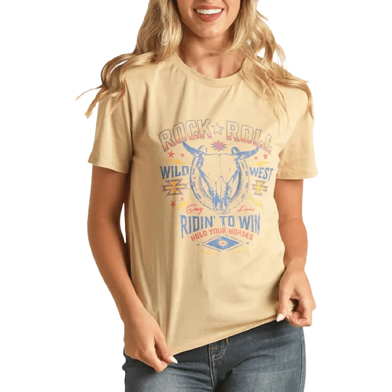 Rock & Roll Cowgirl® Ladies Beige Western Graphic T-Shirt RRWT21R0YS-- Solid Color Striped Floral Rock & Roll Cowgirl® Ladies Beige Western Graphic T-Shirt RRWT21R0YS-- Solid Color Striped Floral