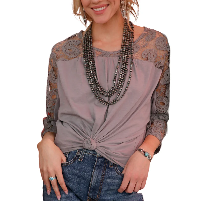 Cruel Denim Ladies Knit Grey Lace Shirt CTK7436001-- Ribbed T-Shirt High Neck Heavyweight