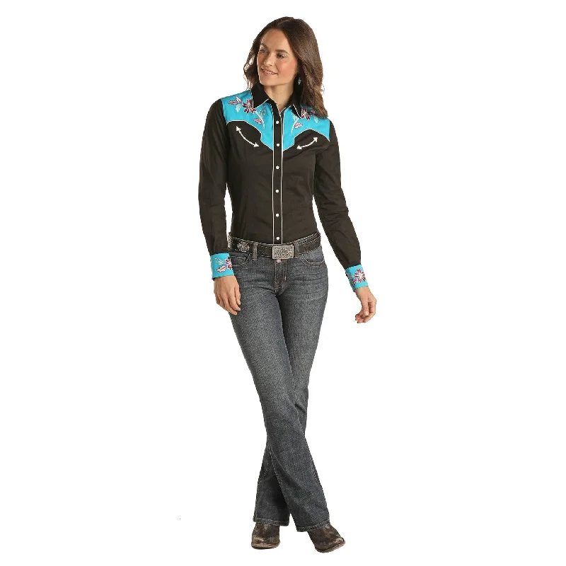 Panhandle® Ladies Black Long Sleeve Retro Snap Down Shirt 22S2105-- Zippered Buttoned Snapped Panhandle® Ladies Black Long Sleeve Retro Snap Down Shirt 22S2105-- Zippered Buttoned Snapped