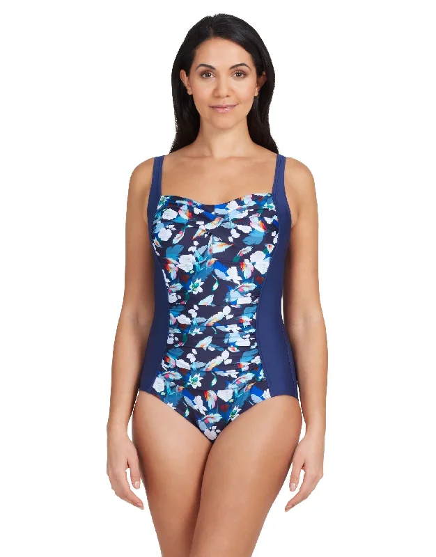 Zoggs Luxor Ruched Front Swimsuit - Navy Mesh Panel Swimwear