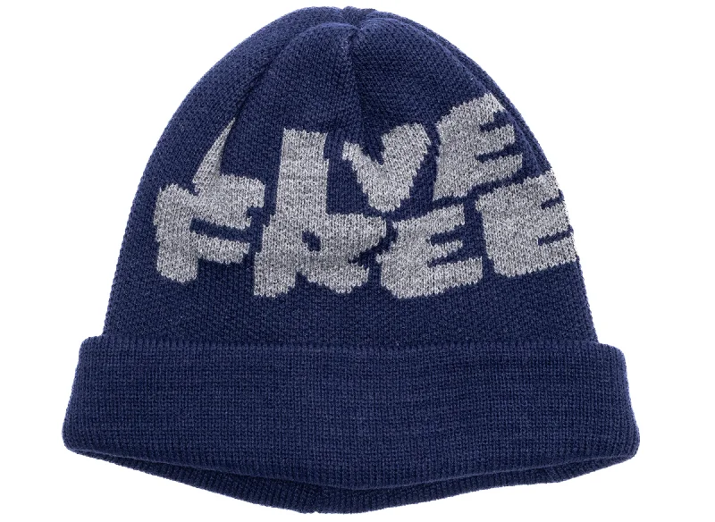 Comme des Garçon SHIRT Live Free Jacquard Beanie in Navy-- Zippered Buttoned Snapped Comme des Garçon SHIRT Live Free Jacquard Beanie in Navy-- Zippered Buttoned Snapped