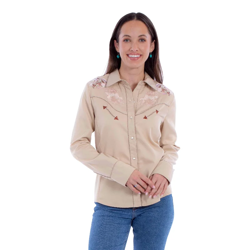 Scully Ladies Horse & Rose Tan Snap Shirt PL-911-TAN-- Lace Blend Ribbed Blend Corduroy Blend Scully Ladies Horse & Rose Tan Snap Shirt PL-911-TAN-- Lace Blend Ribbed Blend Corduroy Blend