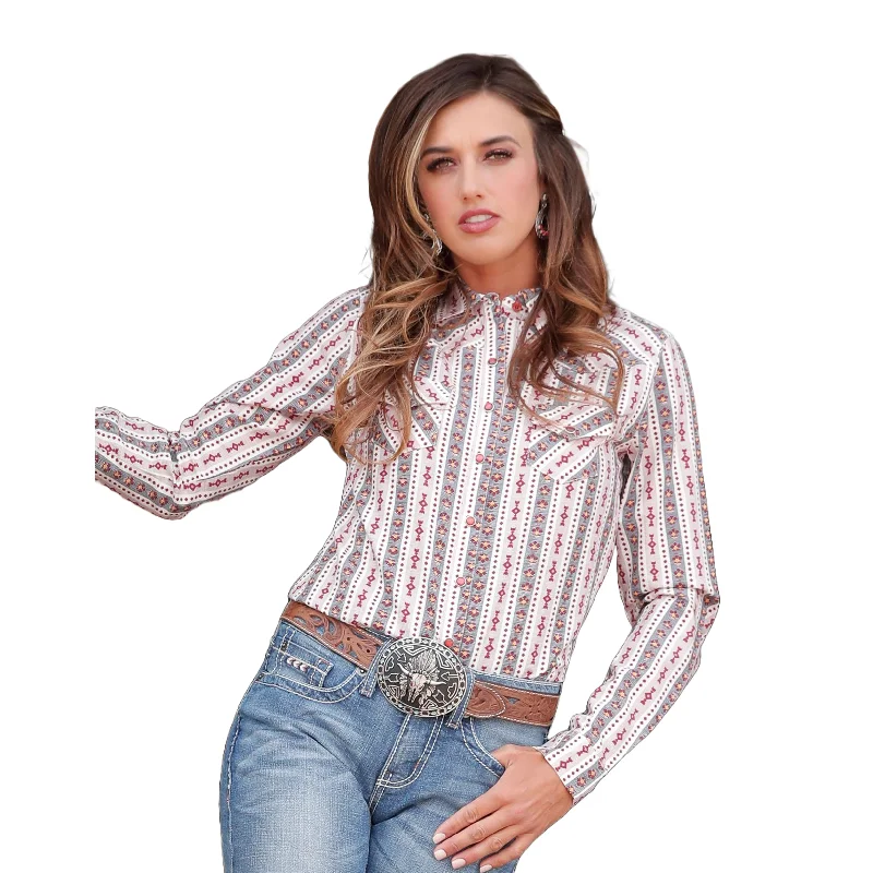 Cinch Ladies Cream Striped Button Down Shirt CTW7226016-- Solid Print Embellished