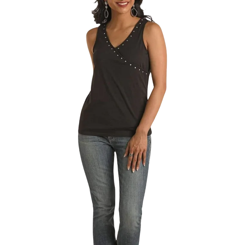 Panhandle Ladies Studded Surplice Black Tank Top Shirt LW20T03414-- Print Jacquard Patchwork Panhandle Ladies Studded Surplice Black Tank Top Shirt LW20T03414-- Print Jacquard Patchwork