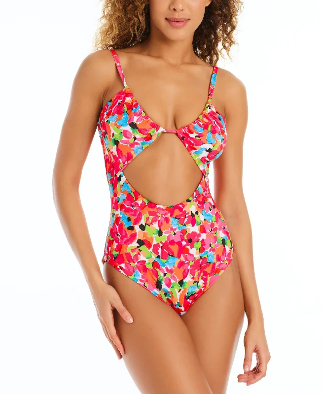 Women's Geranium Cut-Out One-Piece Swimsuit Retro Swimwear Style