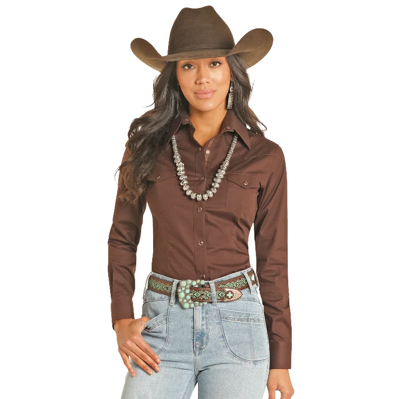Panhandle Ladies Solid Poplin Dark Brown Snap Shirt PWN2S04830-22-- Collared Crew Neck Turtle Neck