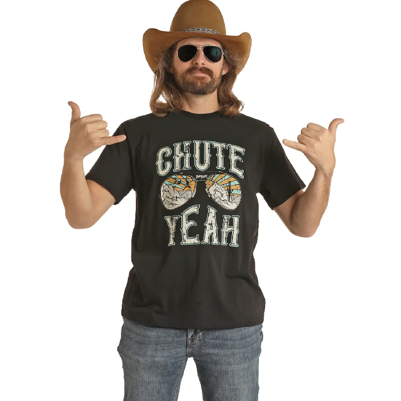 Rock & Roll® Unisex "CHUTE YEAH" Graphic Black T-Shirt RRUT21R06C-01-- Handmade Hand-knitted Hand-woven Rock & Roll® Unisex "CHUTE YEAH" Graphic Black T-Shirt RRUT21R06C-01-- Handmade Hand-knitted Hand-woven