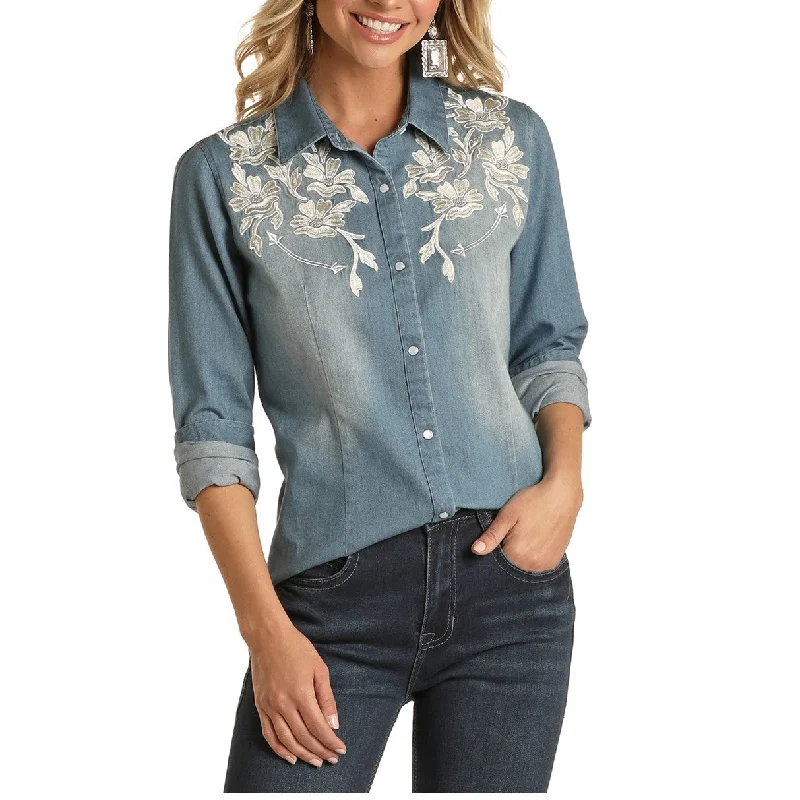 Panhandle Ladies Floral Embroidered Denim Button Up Shirt 22S1908-46-- Notch Collar Peter Pan Collar Cowl Neck