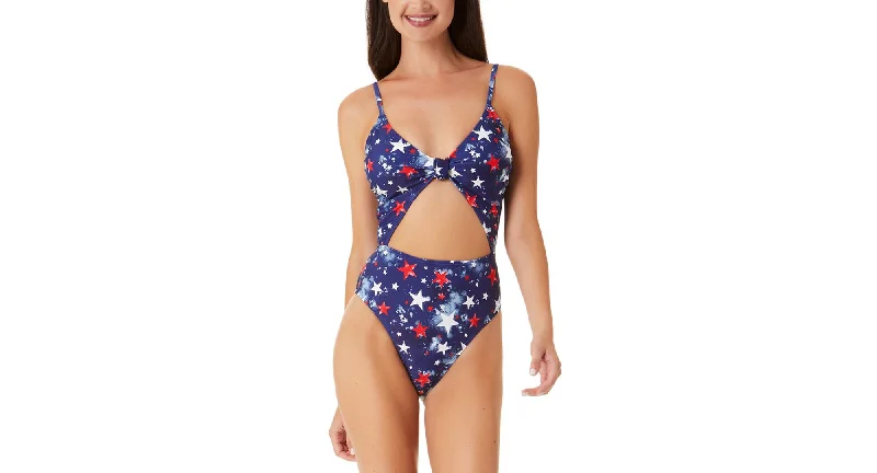 Juniors' Splatter-Star Knotted-Front Cut-Out One-Piece Swimsuit Button-Front Swimsuit