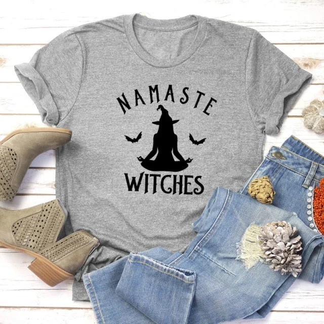 100% Pure Cotton NAMASTE WITCHES Printed T-Shirt-- Zippered Front Buttoned Front Snap Front