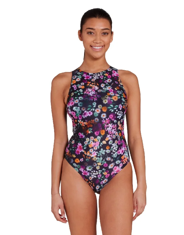 Zoggs Dream Hi Front Swimsuit - Black/Multi Sporty Swimsuit Style
