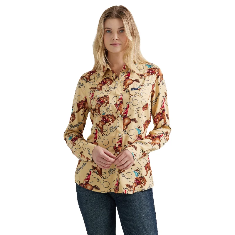 Wrangler Ladies Riding Cowboy Western Tan Slim Snap Shirt 112356642-- Houndstooth Herringbone Solid
