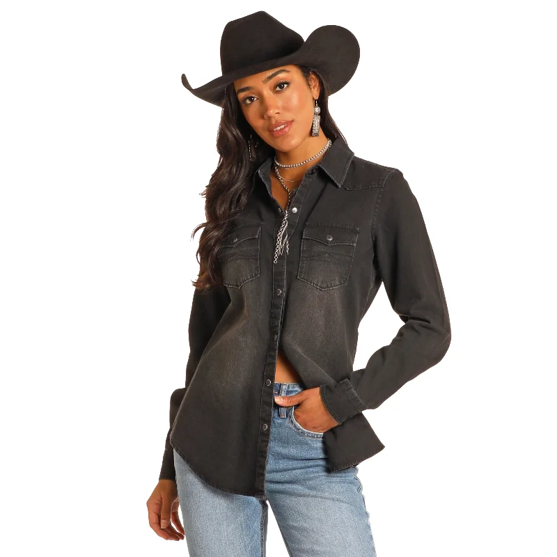 Rock&Roll Cowgirl Ladies Black Denim Long Sleeve Shirt BWN2S03703-- Polka Dot Checkered Tartan