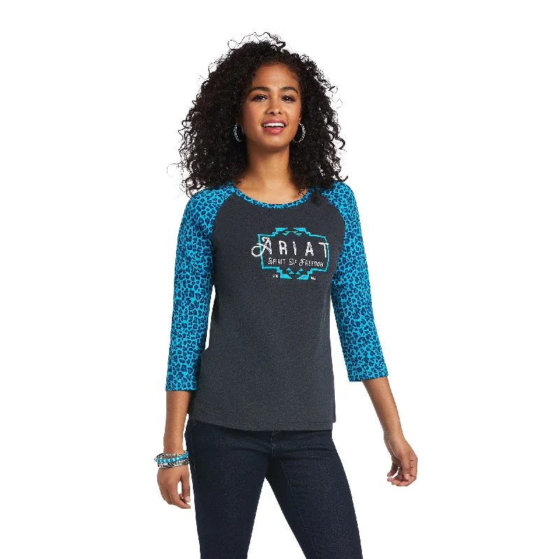 Ariat® Ladies REAL Freedom Heather Charcoal & Leopard T-Shirt 10039775-- Graphic Embroidered Appliqued Ariat® Ladies REAL Freedom Heather Charcoal & Leopard T-Shirt 10039775-- Graphic Embroidered Appliqued