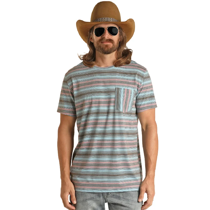 Rock & Roll Cowboy Unisex Turquoise Striped T-Shirt RRMT21RZMP-87-- Front Pockets Side Pockets Patch Pockets