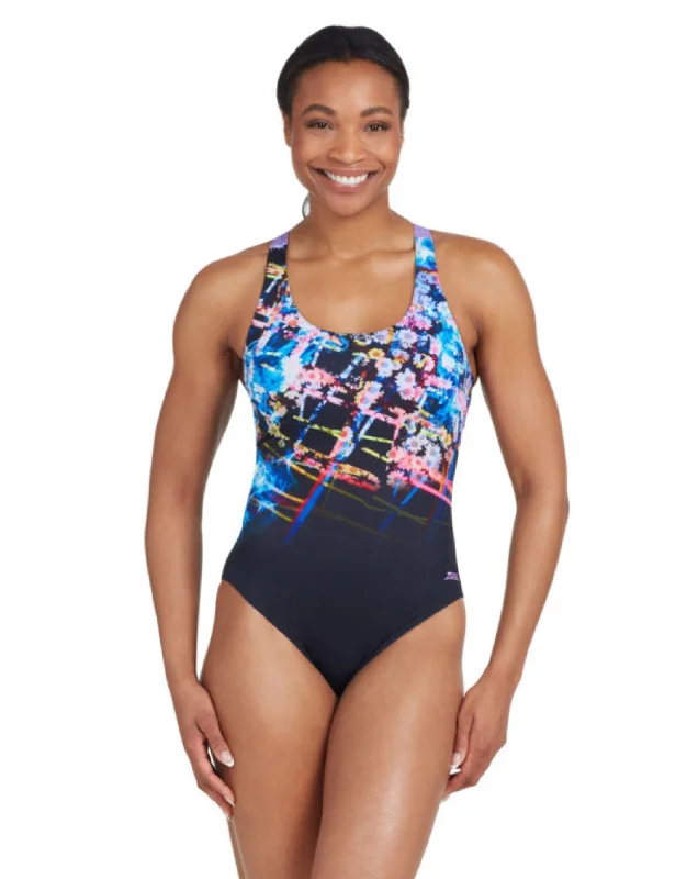 Zoggs Digital Daisy Actionback Swimsuit - Black/Purple Classic Two-Piece Bikini