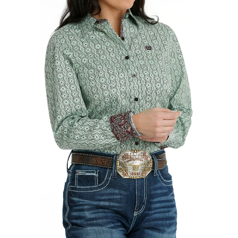 Cinch Ladies Green Western Printed Button Down Shirt MSW9165043-- Zippered Front Buttoned Front Snap Front Cinch Ladies Green Western Printed Button Down Shirt MSW9165043-- Zippered Front Buttoned Front Snap Front