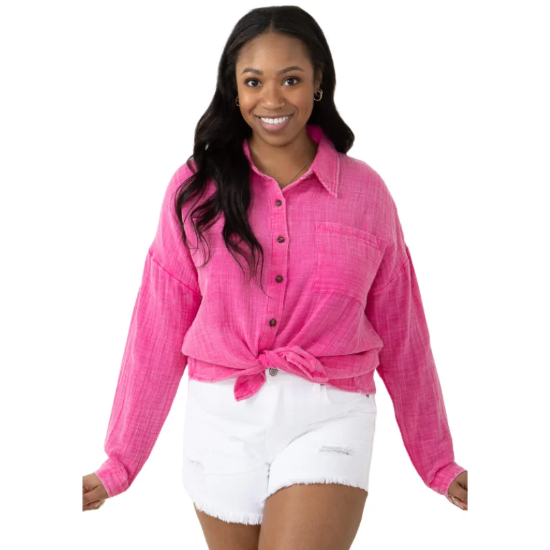 Simply Southern Ladies Gauze Hot Pink Button Down Shirt 0124-BTNDWN-GZE-HTPNK-- Hooded Caped Shawl Collar