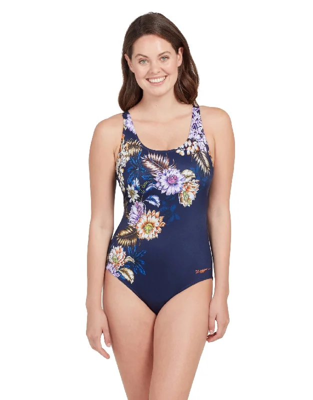 Zoggs Enigma Adjustable Scoopback Swimsuit - Navy/Multi Mesh Panel Swimwear