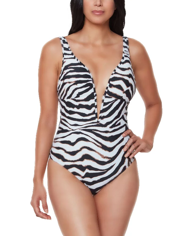 Printed V-Neck One-Piece Swimsuit Stylish Beachwear Set